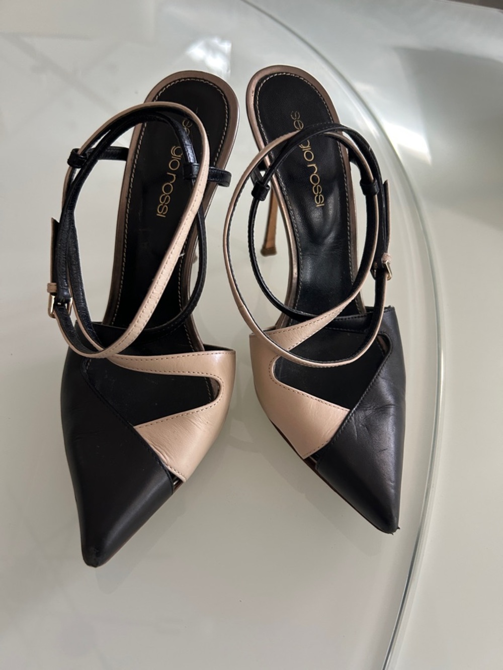Sergio Rossi Black and Beige Pointed Slingback Heels